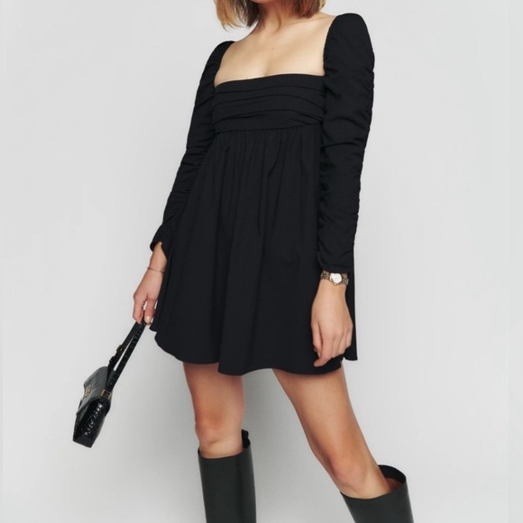 Reformation Netta Black Cotton Blend Long Sleeve Square Neck Mini Dress Size 6 - Picture 1 of 7